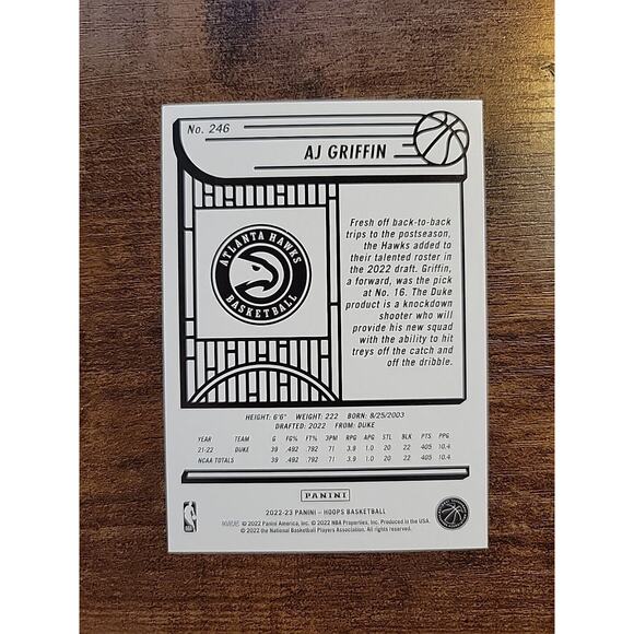 AJ Griffin 2022-2023 Panini Hoops #246 - Rookie - Atlanta Hawks - NBA - Picture 2 of 2